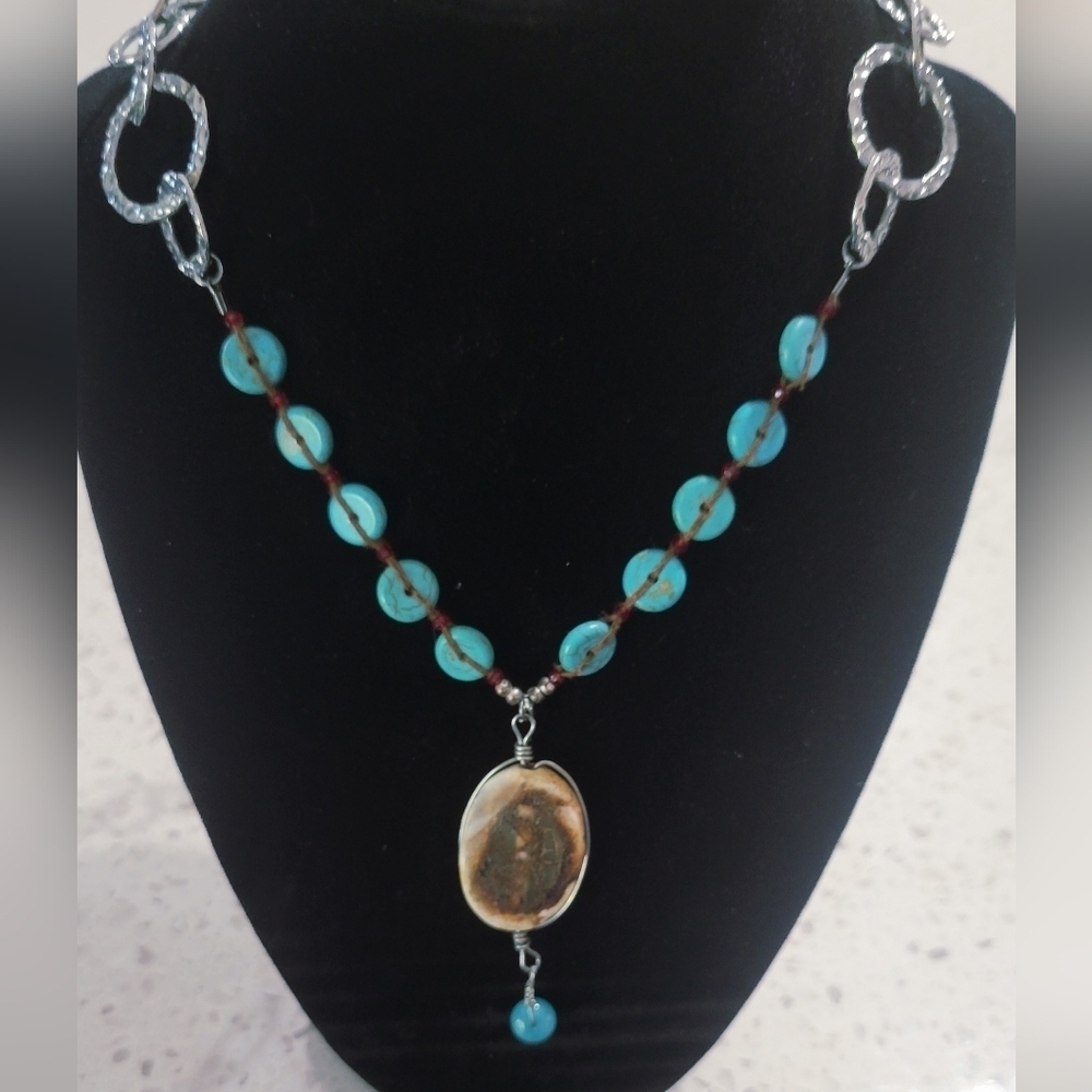 Turquoise Colored Beaded Necklace with Silver Chain & Pendant